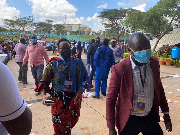 Water CS Sicily Kariuki makes her way inside Kasarani Stadium ahead of the Azimio La Umoja event on December 10, 2021.