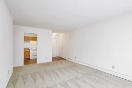 Living room with carpet adjacent to the kitchen