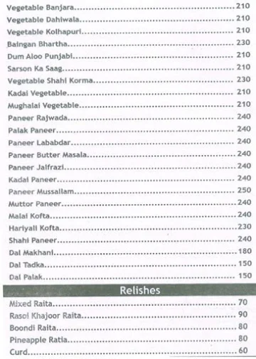 Royal Rasoi menu 