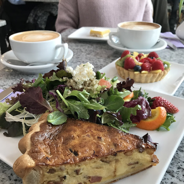 Quiche Lorraine, 1/2 Lilac Salad, fresh fruit tart, lemon bar, lattes... all 100% GF!  😋 yum!