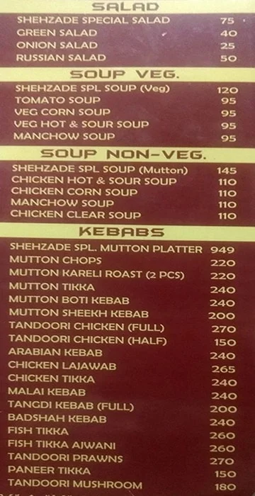 Shehzade Restaurant menu 