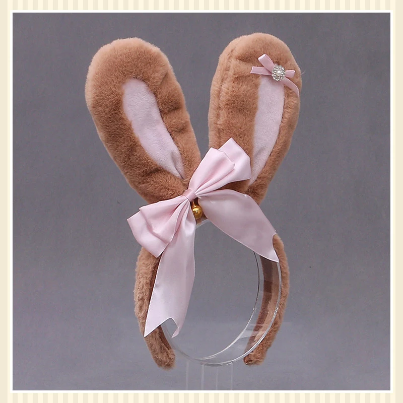 Tiara de orelhas de coelho de pelúcia com laço de diamante Lolita, acessório animal fofo para um visual charmoso e divertido