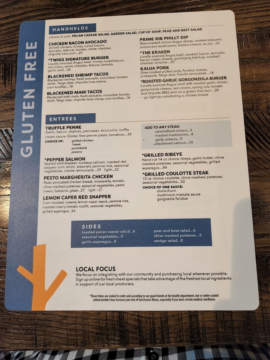 Twigs Bistro gluten-free menu