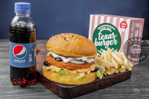Chicken Burger With Salted French Fries And Soft Beverage [250 Ml]