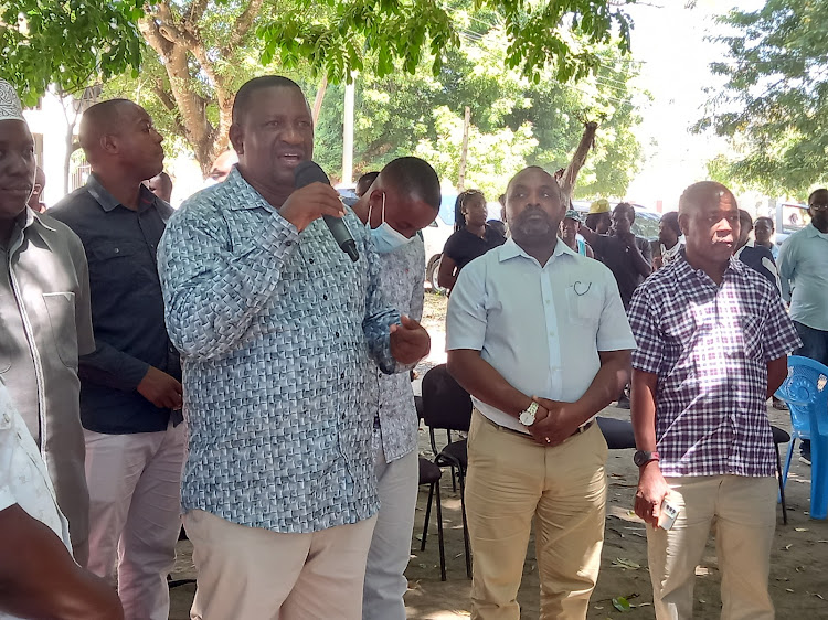 Governor Salim Mvurya addresses Tiwi residents after giving bursaries in Matuga Sub-county April 2022.