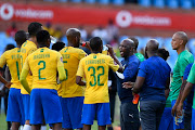 Mamelodi Sundowns coach Pitso Mosimane and his players during the Absa Premiership match between Chippa United at Loftus Versfeld Stadium on February 15, 2020 in Pretoria, South Africa. 