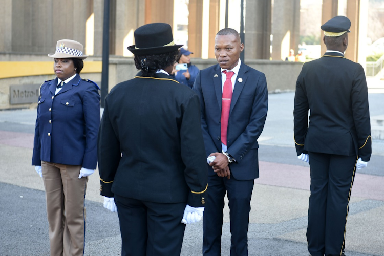 Johannesburg mayor Kabelo Gwamanda at the parade with JMPD before entering the council chamber to deliver his state of the city address this week.