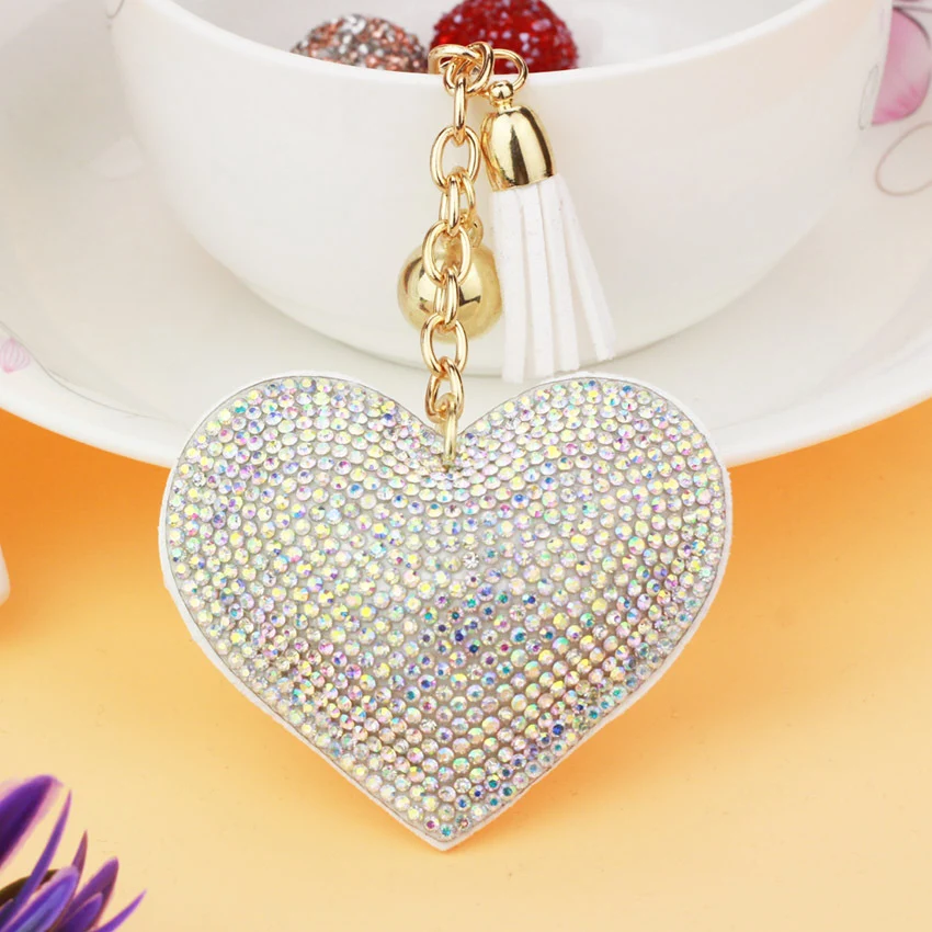 Perzik hart strass lederen sleutelhanger liefde kwastje tashanger, stijlvol accessoire voor je sleutels en tas.