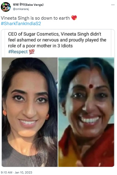 Shark Tank India judge Vineeta Singh was falsely claimed to have acted as one of the lead actors’ mother in popular Bollywood movie ‘3 Idiots’.