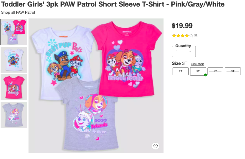 Girls Paw Patrol shirts with lots of pink.