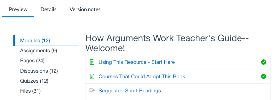 Screenshot of the Canvas Commons preview page of the How Arguments Work Canvas course.