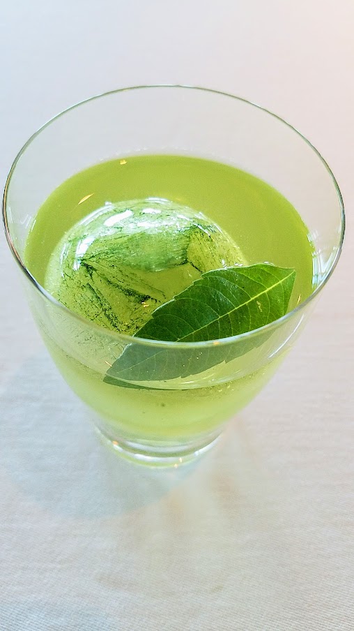 Juice pairing/non alcoholic beverage pairing of Green Tea and Tarragon at Geranium, a three Michelin star restaurant in Copenhagen