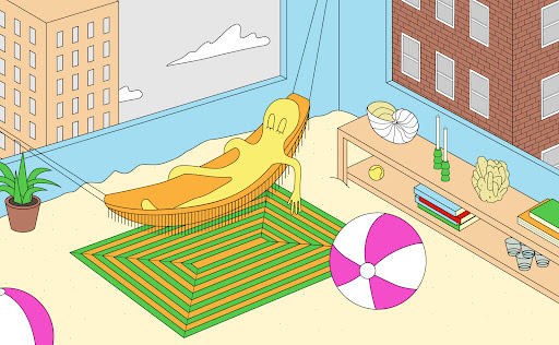 A cartoon drawing of a yellow alien lying on a hammock next to a pink beach ball.