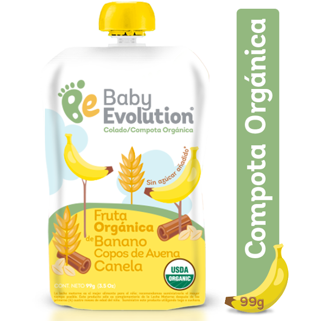 CompotaBaby Evolution Orgánica Fruta De Banano Copos De Avena Canela x 99 gr  