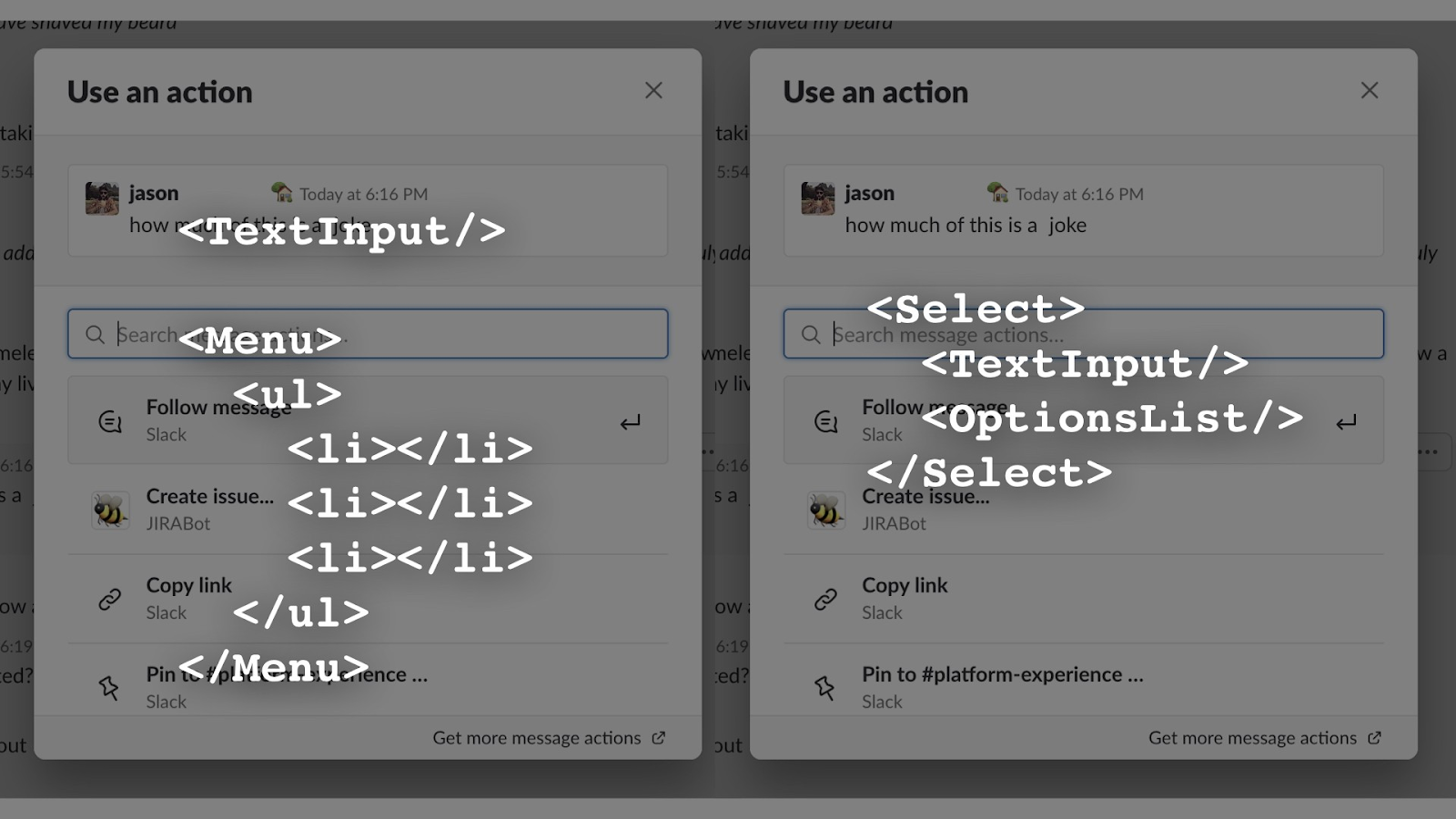 Part two of a before and after screenshot of Slack's design system, Select component, shows that while the interface is visually similar, the underlying code is no longer inaccessible to screen readers.