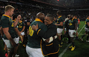 Allister Coetzee coach of South Africa celebrates with Bongi Mbonambi of South Africa during the 2017 International Incoming Series rugby match between SA and France on 24 June 2017 at Ellis Park Stadium.