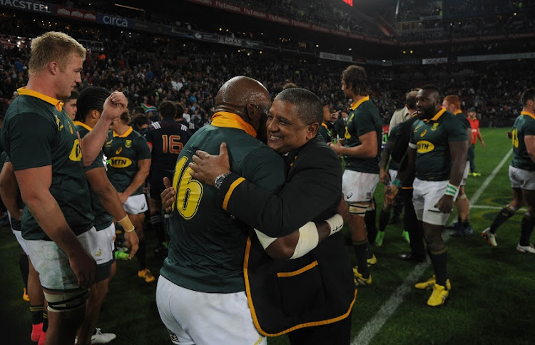 Allister Coetzee coach of South Africa celebrates with Bongi Mbonambi of South Africa during the 2017 International Incoming Series rugby match between SA and France on 24 June 2017 at Ellis Park Stadium.