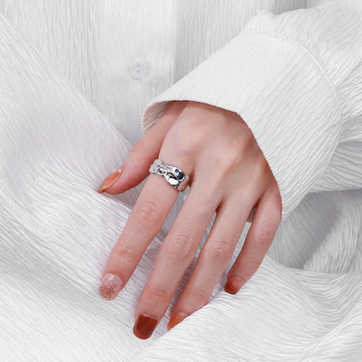 Title 5, Sterling Silver Lava Texture Blue Open-end Zirc...
