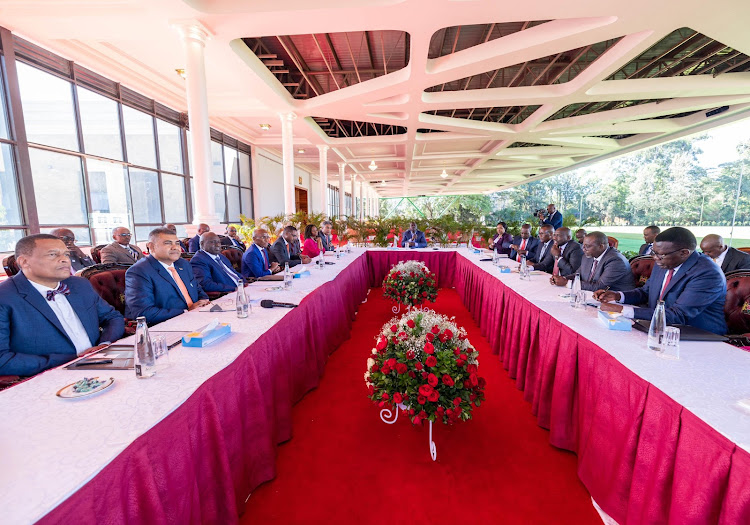 President William Ruto during a meeting with leaders of the Kenya Private Sector Alliance (KEPSA) and Kenya Association of Manufacturers (KAM) at State House, Nairobi on March 12, 2024.