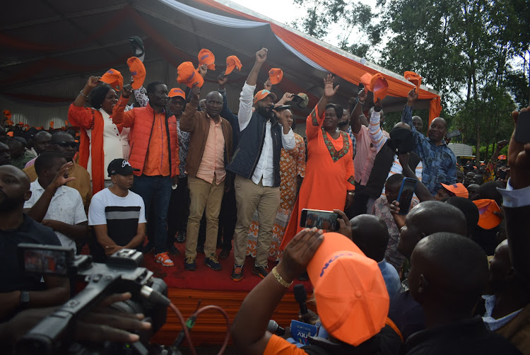 ODM stalwarts deputy party leader Hassan Joho , Governor Gladys Wanga , the party chairman John Mbadi and other MPs during rally in Oyugis town on May3,2024