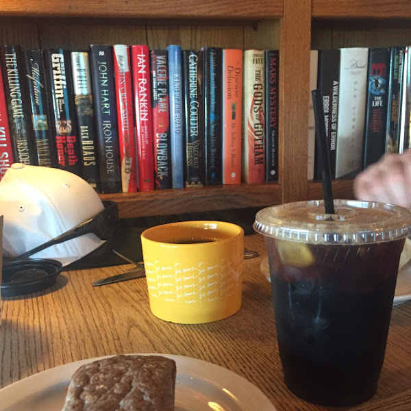 Gluten-free banana bread mini-loaf and iced coffee