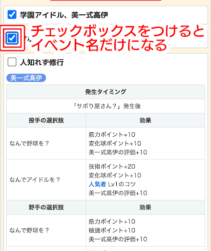 チェックボックス選択で非表示可能