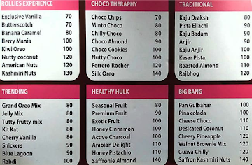 Rollies Live Icecream menu 