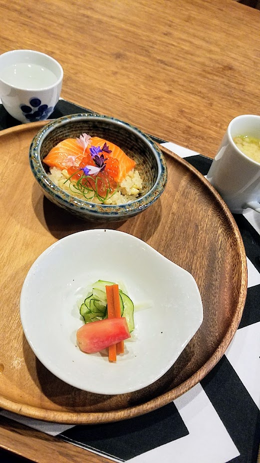 Nodoguro Twin Peaks themed dinner. The next three were served almost together, Pickles of fennel and cucumber with pickled yuzu skin and cucumber and radish; A rice dish with toasted corn mixed in the rice rice with sea Urchin and mushroom and salmon and some salmon roe cured with sea salt and dashi; and Miso soup