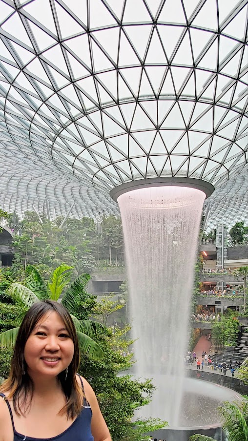 Visiting Changi Airport in Singapore: the famous HSBC Rain Vortex and the surrounding Shiseido Forest Valley - four stories of greenery surrounding the world's tallest indoor waterfall