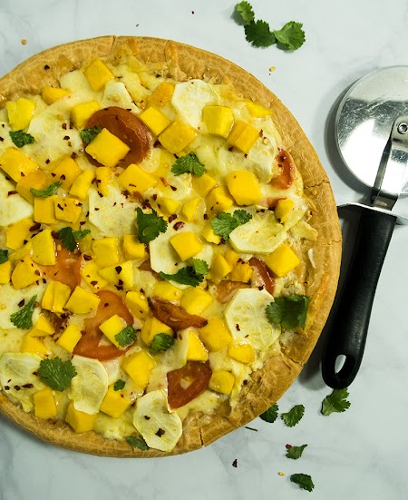 Zucchini Mango Cream Cheese Pizza