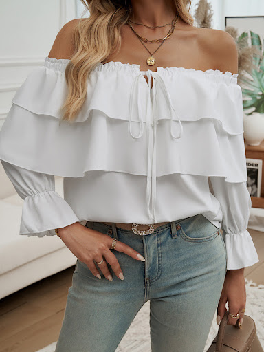 Title 13, Off-shoulder bishop sleeves top for a chic look...