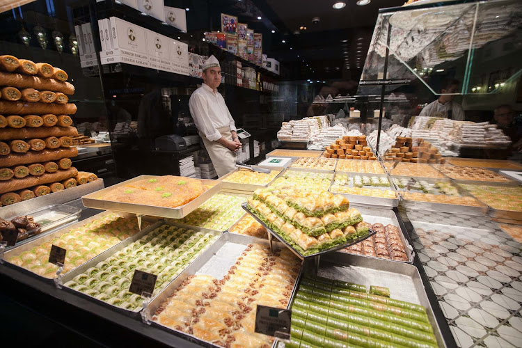 Pastries in the window of Hakki Zade, an eatery just outside the Grand Bazaar in Istanbul. 