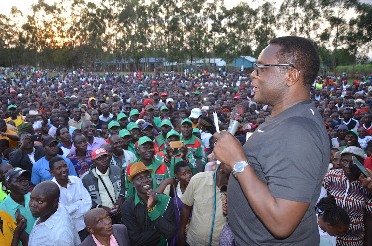 Senate Speaker Kenneth Lusaka speaks during a rally in Kimungui, Kanduyi constituency