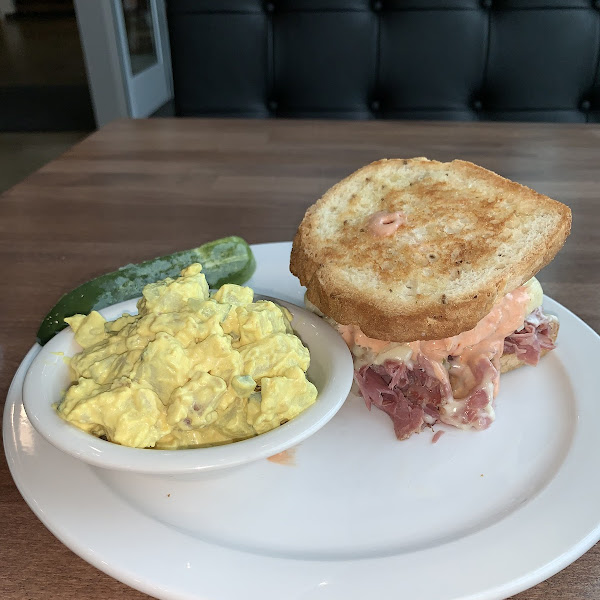 D-Town Corned Beef Reuben on GF Rye Flavor Bread with side of Mustard Potato Salad