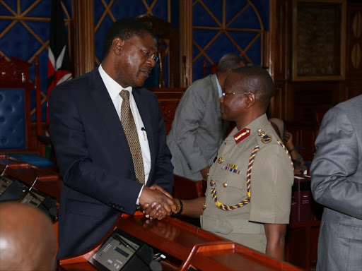 Bungoma senator Moses Wetangula with Inspector general of police Joseph Boinett when he appeared before the senate committee on National security and foreign relations in Parliament Aug 04 2016.Photo/HEZRON NJOROGE