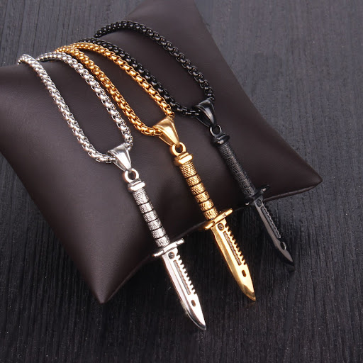 Title 1, Mens Long Dagger Knife Pendant Necklace, a sty...