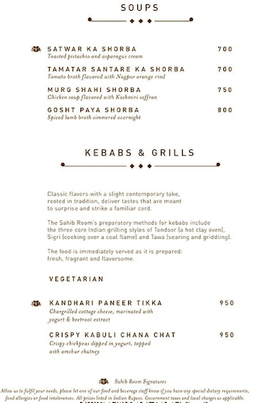 The Sahib Room & Kipling Bar menu 