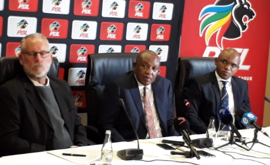 Premier Soccer League (PSL) chairman Irvin Khoza, flanked by two senior officials of the League Prof. Ronnie Schloss (L) and spokesperson Lux September during a media briefing at the PSL Offices in Parktown, has continuosly publicly denounced fan violence and criminality at match stadiums.