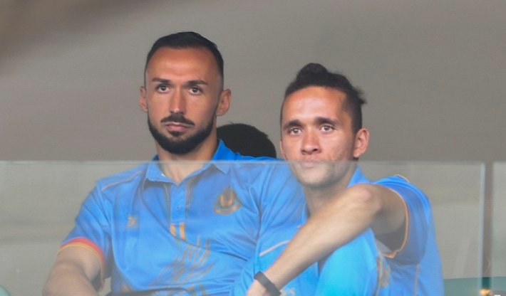 Royal AM's Samir Nurković and Sedwyn George sit in the stands during a Caf Confederation Cup preliminary round match against Mbabane Highlanders of Eswatini at Durban's Moses Mabhida Stadium on September 16 2022. Picture: GALLO IMAGES/DARREN STEWART