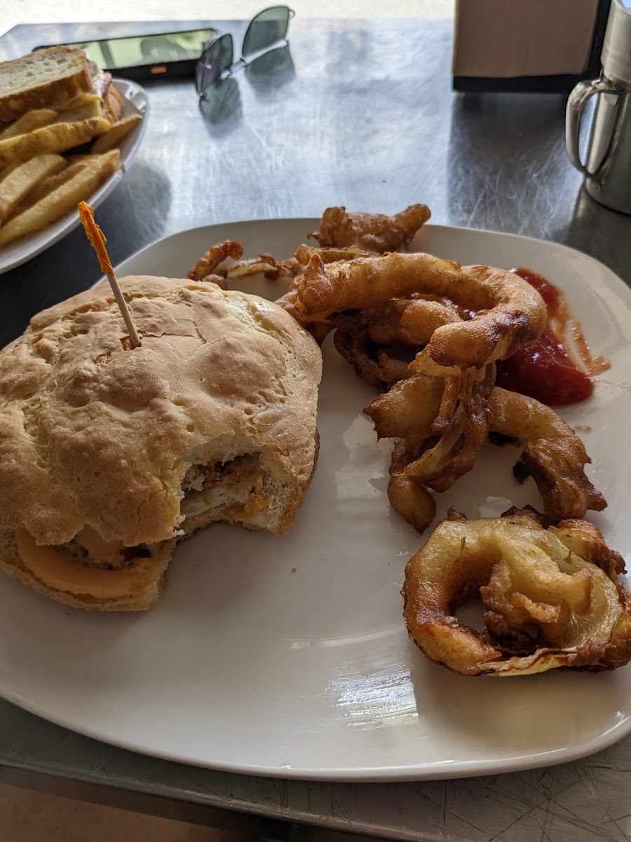 Spicy Chicken Sandwich and Onion Rings