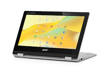 タブレット モードでキーボード面を下向きにした Acer Chromebook Spin 311 を右から見たところ（利用可能なポートが見えている）。