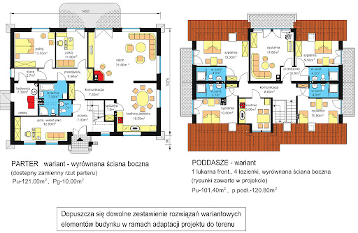 BW-45 agroturystyczny - Rzut parteru i poddasza - propozycja adaptacji - wyrównana ściana boczna