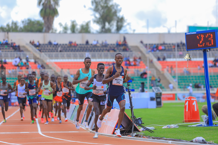 Male athletes competing during the Absa Kip Keino Classic sponsored by Absa Bank, at the Nyayo National Stadium on April 20, 2024.