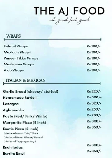 The AJ Foods menu 