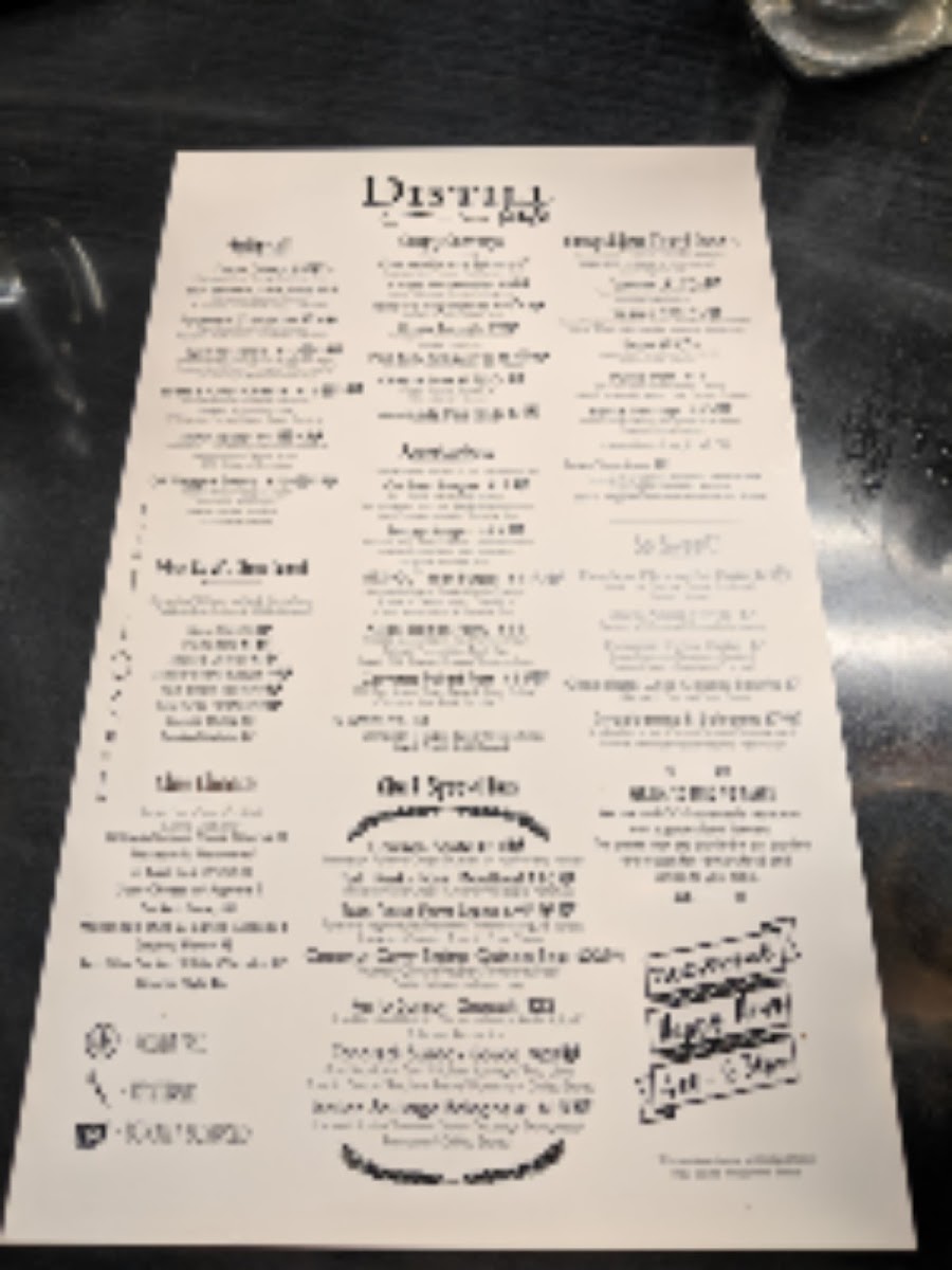 Distill Table gluten-free menu