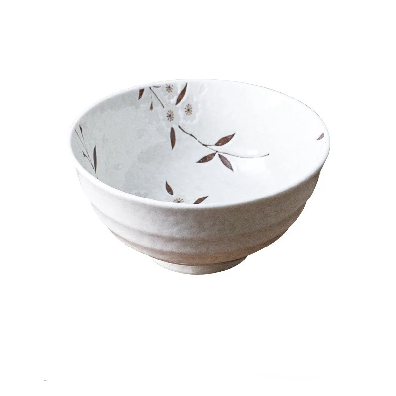 Tigela de cerâmica japonesa com flor de cerejeira branca queimada, ideal para servir pratos, realçar a culinária oriental e decorar sua mesa.