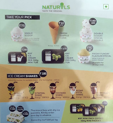 Natural Ice Cream menu 