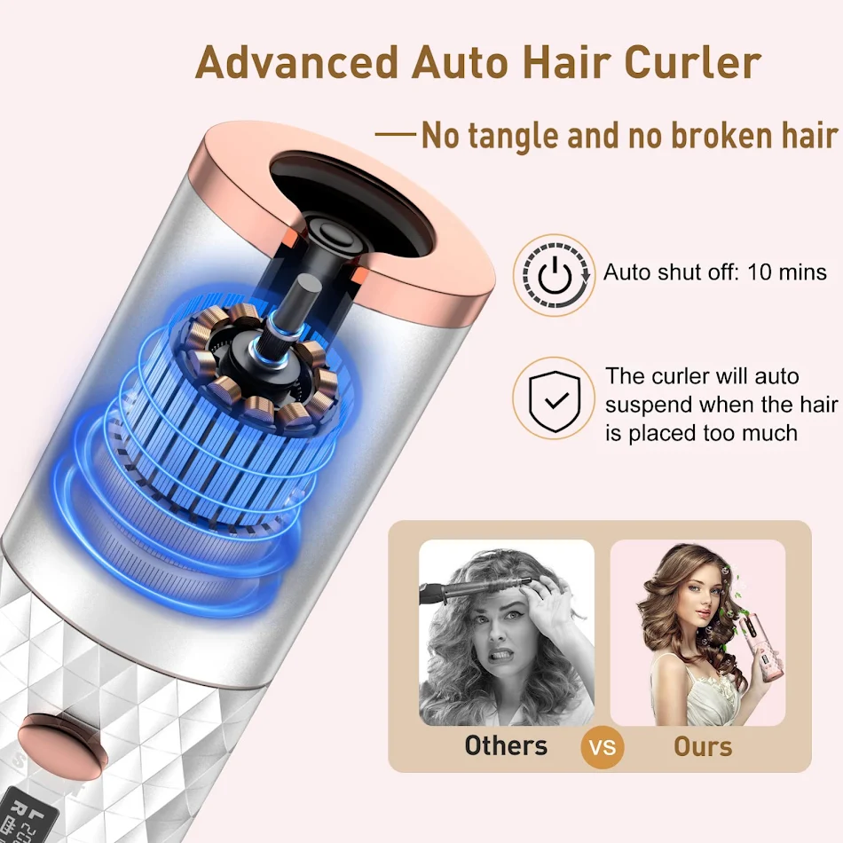 Portable Automatic Hair Curler, Ceramic Rotating Wireless Auto Curling Iron Wand, Portable USB Rechargeable Spin Curler 