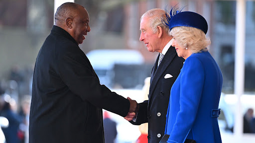 President Cyril Ramaphosa greets His Majesty, King Charles III, as Camilla, the Queen Consort, looks on. (Image source: Presidency)