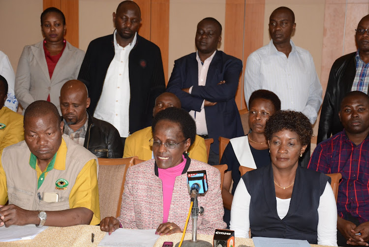 TSC chairperson Lydia Nzomo and Kuppet officials at Sawela Lodge in Naivasha.